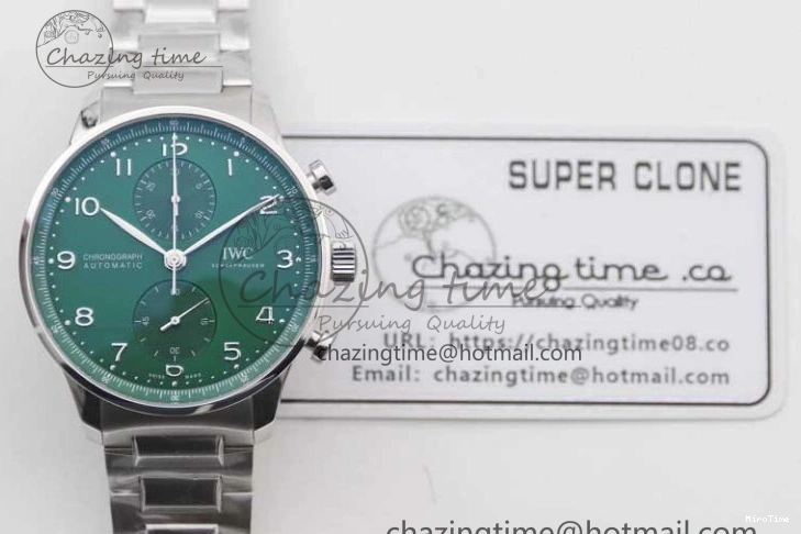 MIROTIME 0120 FastDry Portugieser Chronograph IW371615 ZF Best Edition Green Dial on SS Bracelet A7750 (Slim Movement) 7038